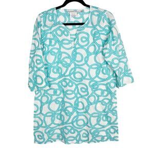 Gretchen Scott S Blue White Split V Neck Swirl Print Tunic Top Cotton Side Split